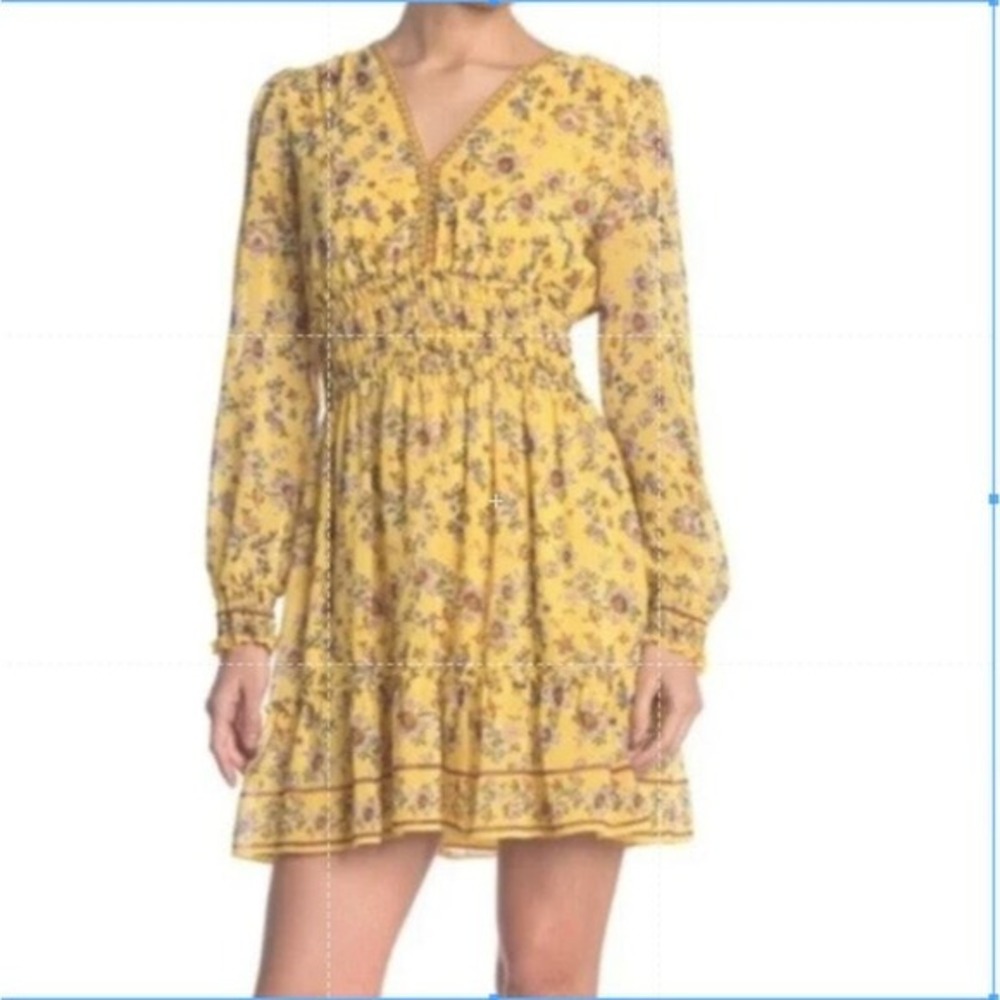Max Studio‎ Floral Mini Dress S Yellow Smocked Waist V-Neck Chiffon Cottagecore